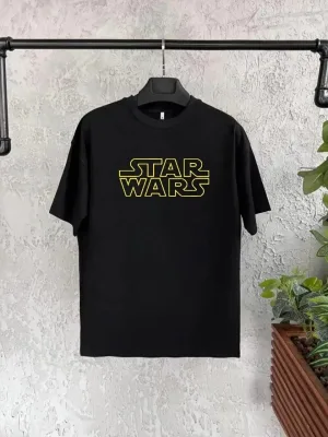 Детски црн Star Wars печатен кружен јака маица