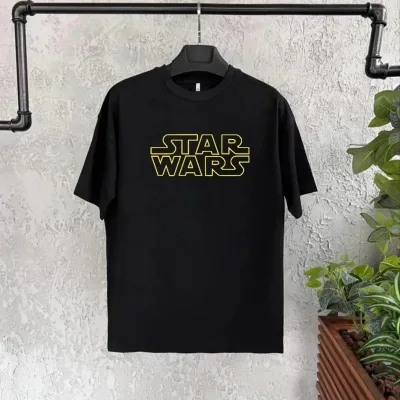 Детски црн Star Wars печатен кружен јака маица 1