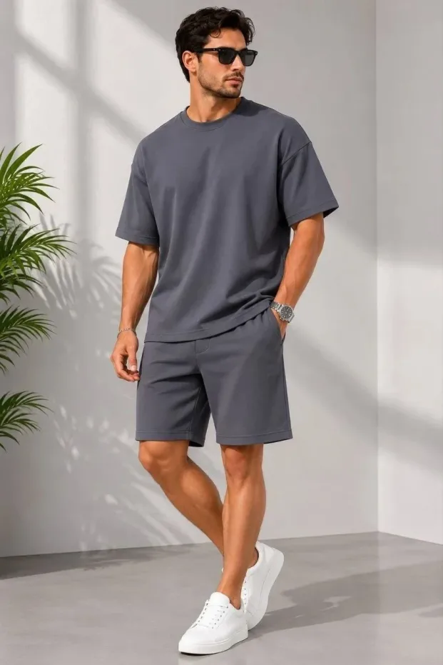 Ανδρικό Καπνιστό Oversize Σετ με Τσέπες Μαλακό Μοντάλ Μπλουζάκι και Σορτς 1