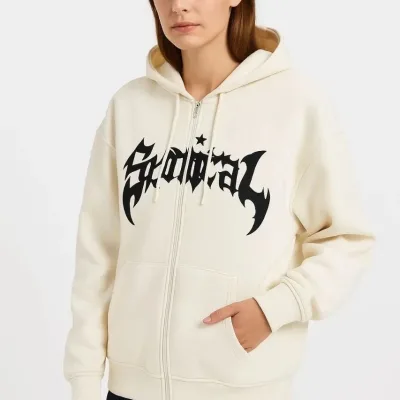 Women's White Oversize 3-Thread Cotton Front Printed Zippered Hooded Cardigan 5