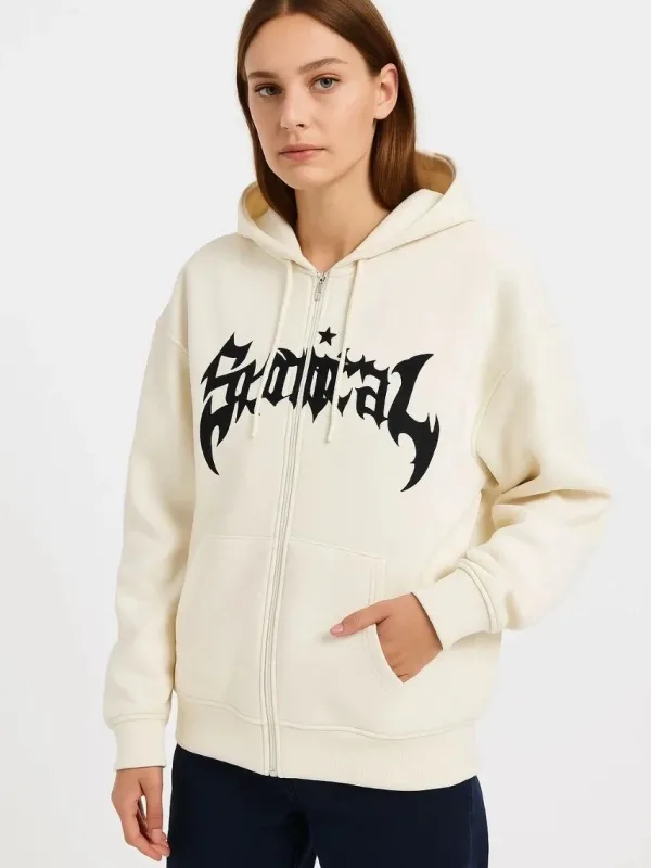 Women's White Oversize 3-Thread Cotton Front Printed Zippered Hooded Cardigan 5