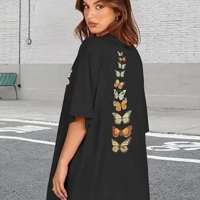 Femeie Neagră Oversize Guler Bicicletă Imprimat Tricou 3