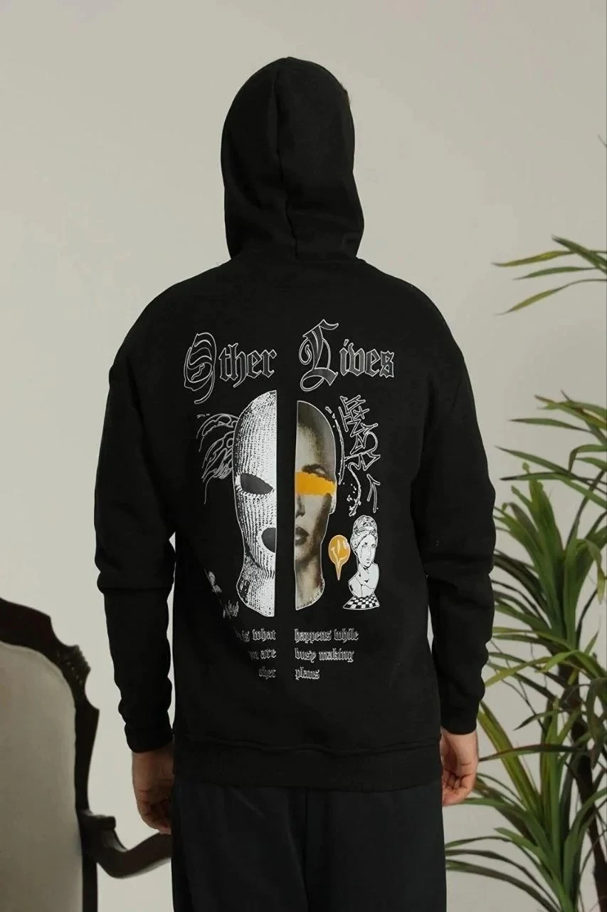 Férfi fekete oversized 3 szálas pamut nyomott kapucnis sweatshirt