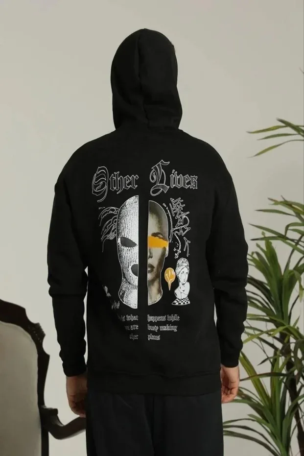 Kişi Qara Oversize 3 İplik Pambıqlı Çaprazlı Başlıqlı Sviter 1