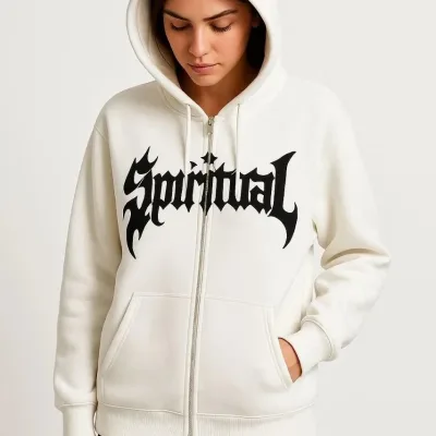 Women's White Oversize 3-Thread Cotton Front Printed Zippered Hooded Cardigan 2