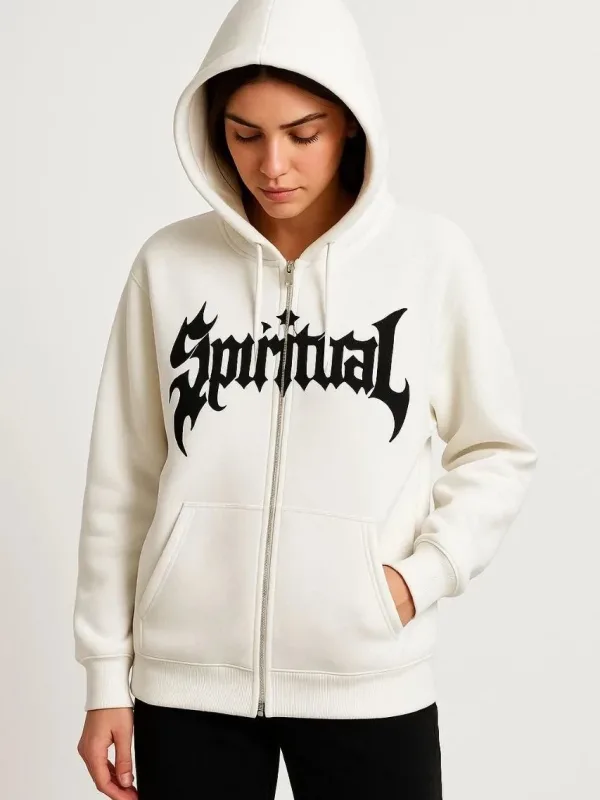 Women's White Oversize 3-Thread Cotton Front Printed Zippered Hooded Cardigan 2