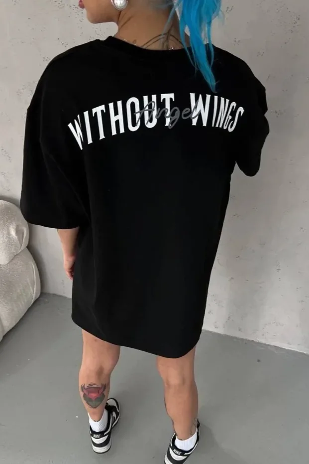 Kadın Siyah Oversize Bisiklet Yaka Pamuklu Baskılı Tişört 2