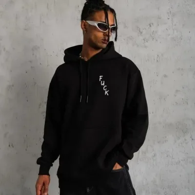 Men's Black Oversize 3-Thread Cotton Printed Hooded Sweatshirt 1