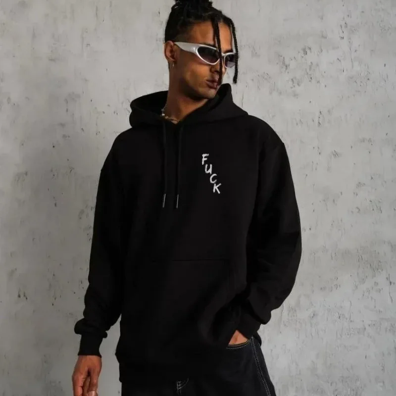 Muški crni oversize 3-nitni pamučni hoodie s printom
