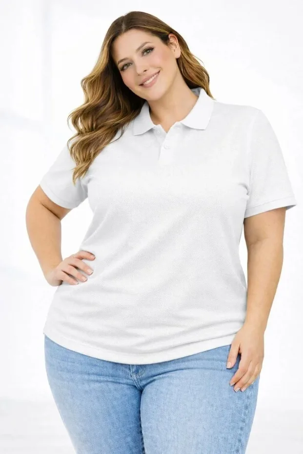 Women's White Plus Size Pique Fabric Polo Neck Short Sleeve T-Shirt 4