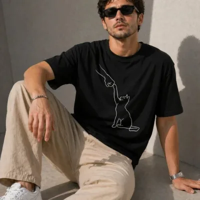 Murš Črno Minimal Mačka Crtanje Print Kratko Rokav Majica 4