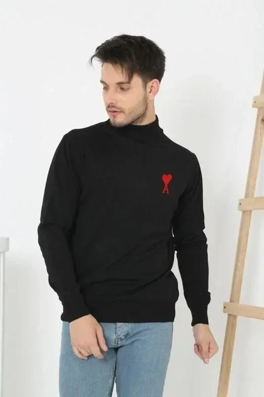 Férfi fekete félmagas nyakú nyomott mintás kötött pulóver 1