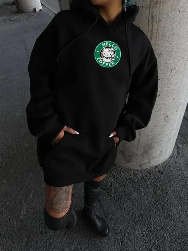 Jinê Reş Oversize Hoodî Bikapûşon Çapkirî 3 Têl Pembû Sweatshirt 2