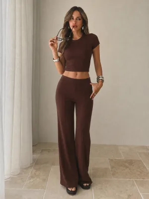 Kadın Kahverengi Modal Yumuşak Kumaş Kısa Kollu Crop İspanyol Paça Pantolon Takım