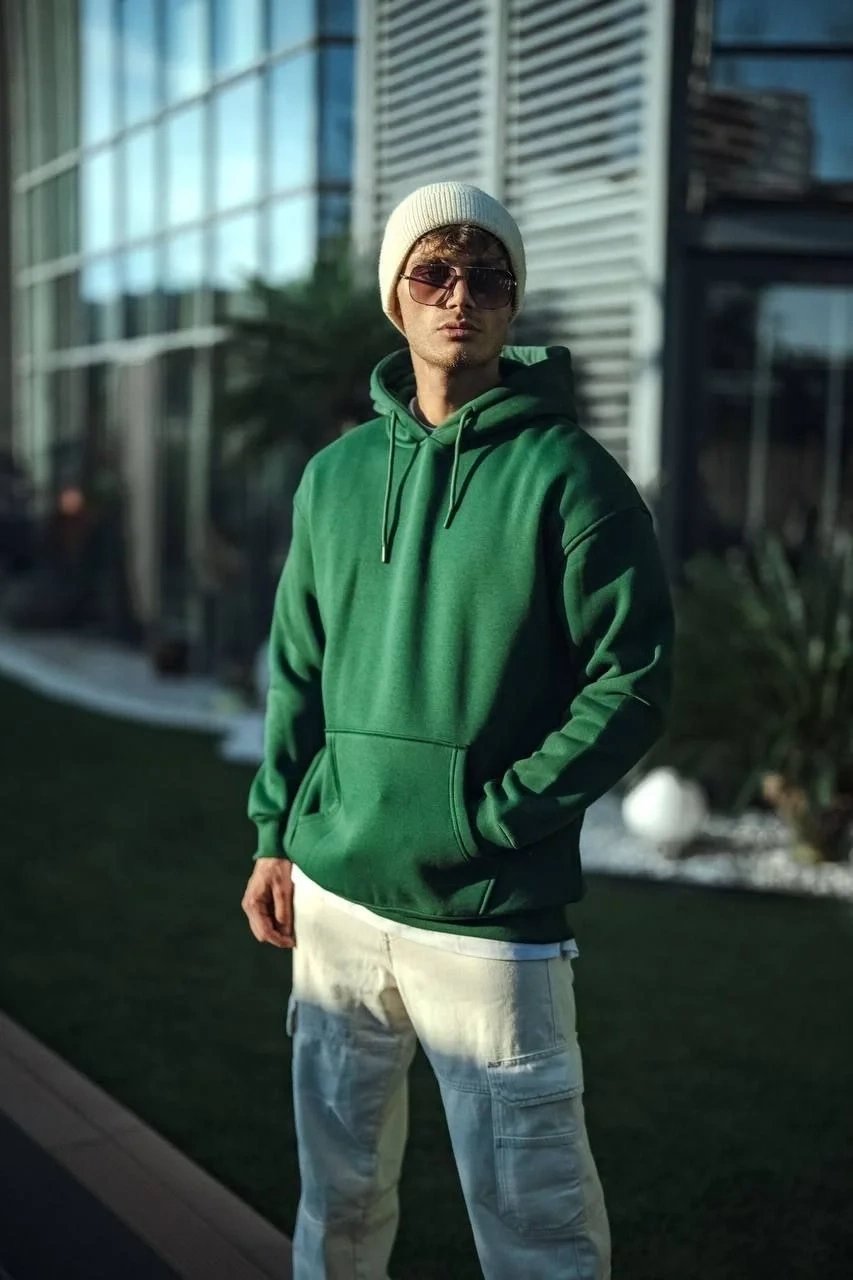 Muški kaki 3 pređe pamučni kapuljačasti basic sweatshirt 1