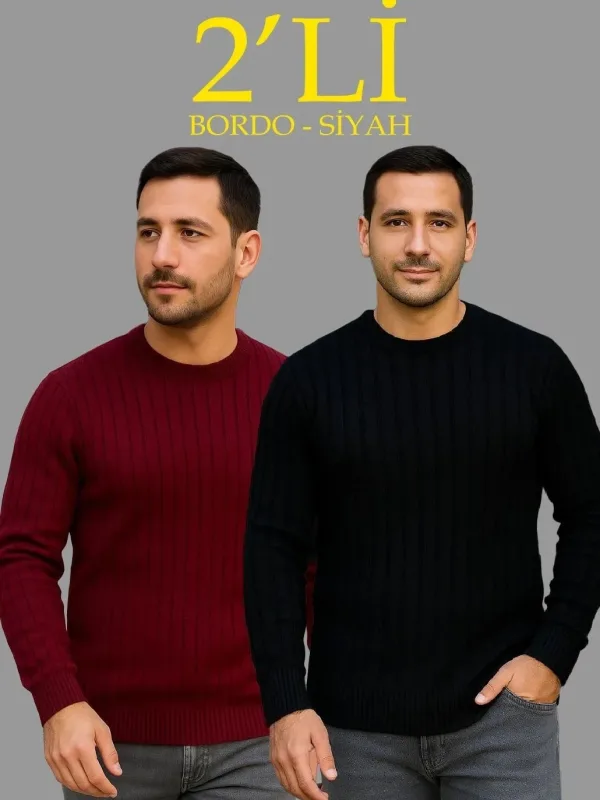 Kişi Qara Tünd Qırmızı 2'li Qabırğalı Velosiped Yaxalı Pambıqlı Triko Sviter 1