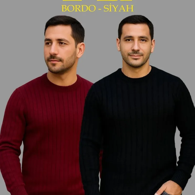Mêrê Reş Bordo 2'lî Fitilli Bisîklet Yaka Pembû Triko Kazak