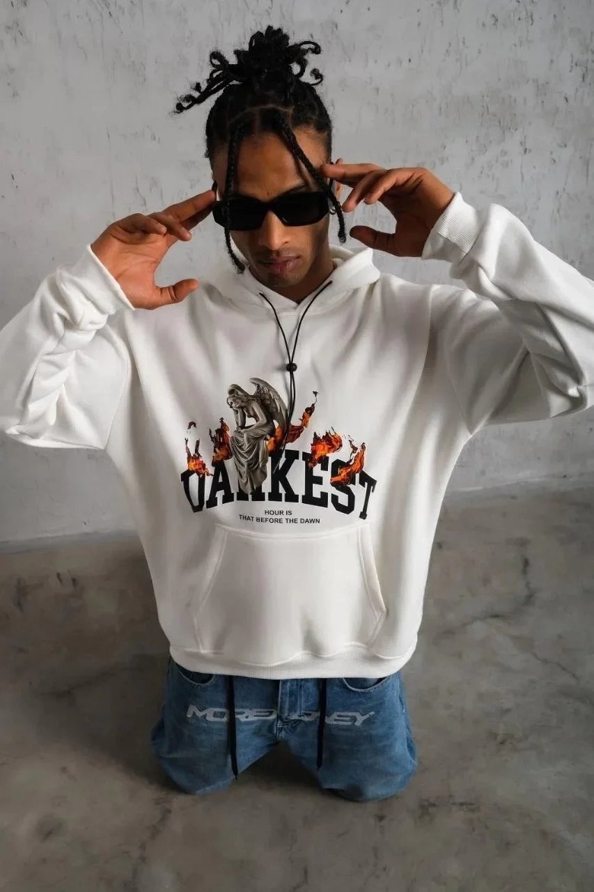 Erkek Beyaz 3 İplik Pamuklu Kanguru Cepli Baskılı Hoodie Sweatshirt