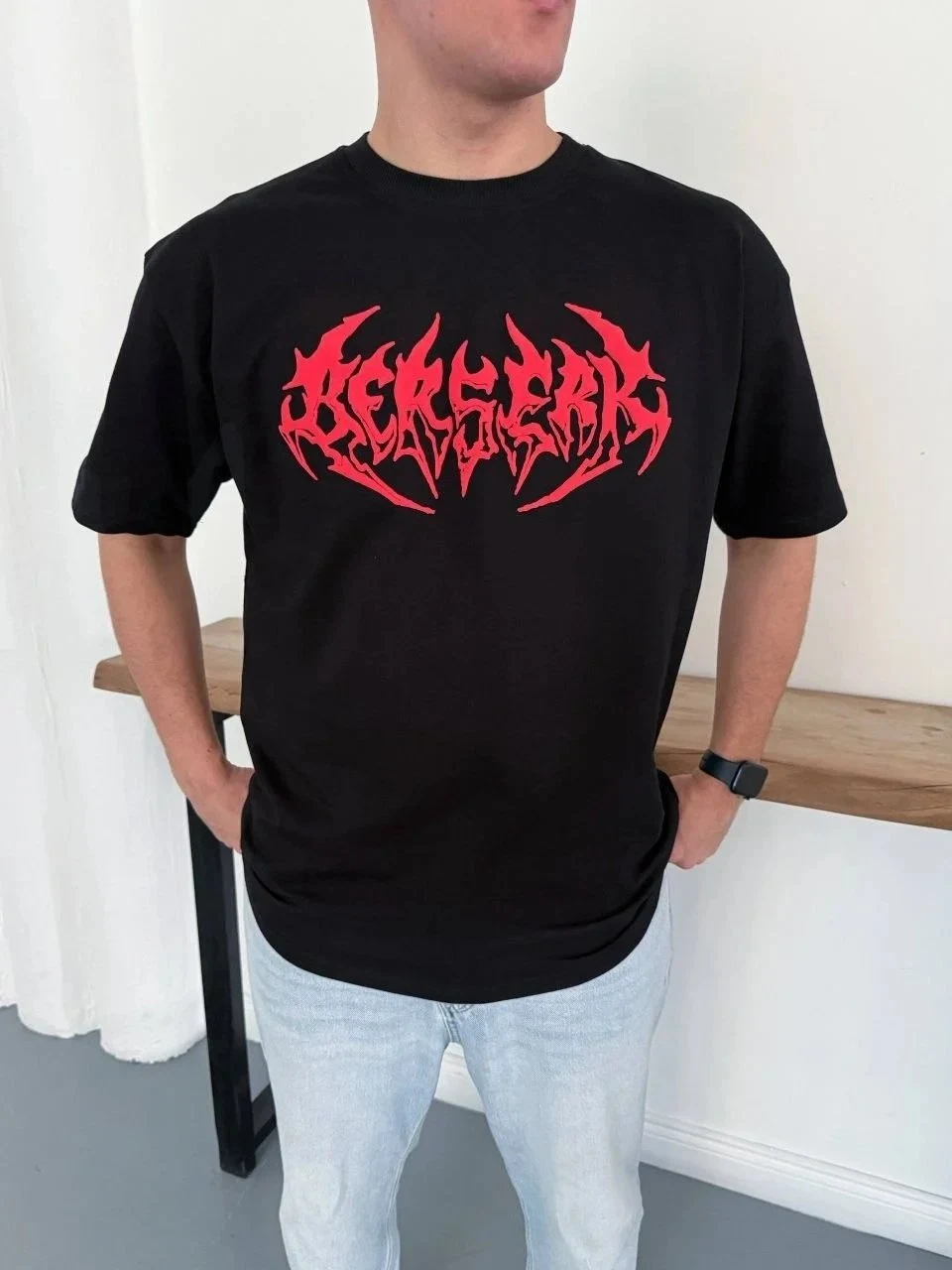 Nero Maschio Oversize Stampato Collo Ciclista T-shirt Estivo