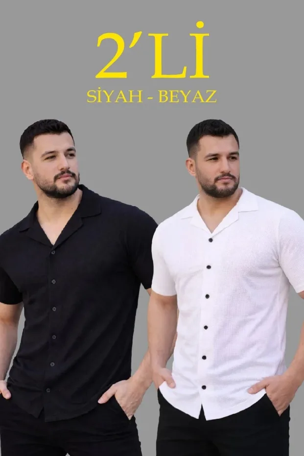 Pánská 2dílná sada waffle látka otevřený límec s knoflíky regular fit košile 1