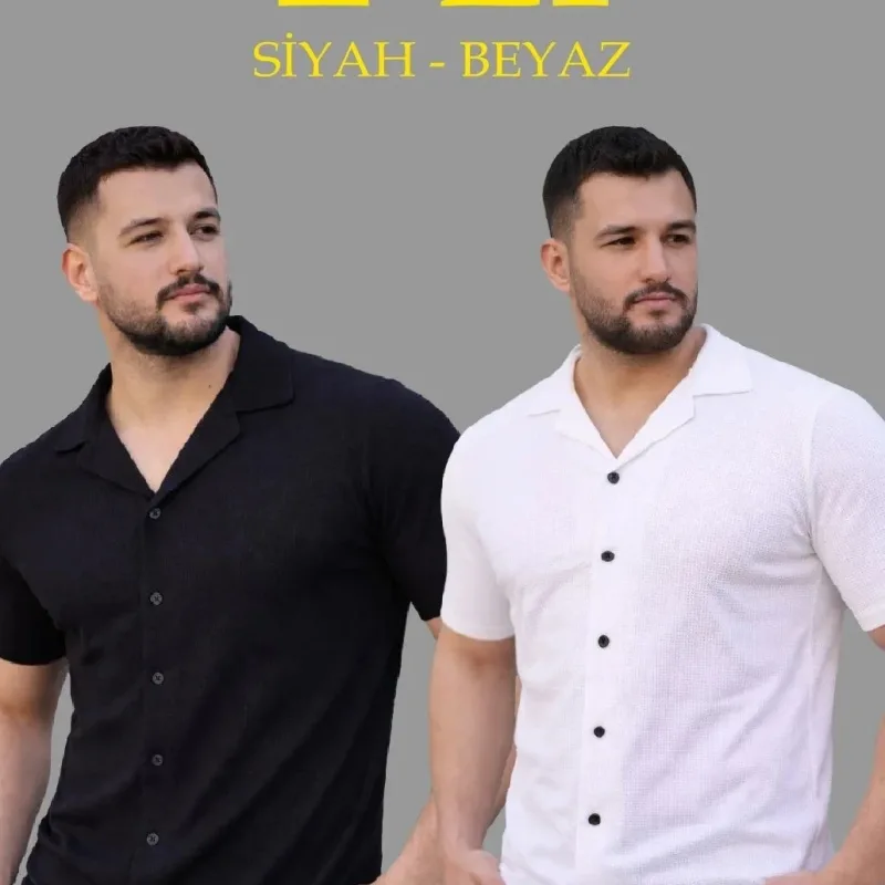 Férfi 2-es Szett Waffle Anyagú Nyitott Gallérú Gombos Regular Fit Ing