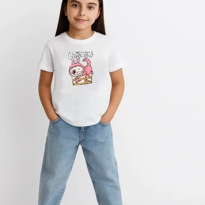 Dívčí bílé oversize dětské tričko s potiskem Labubu 2