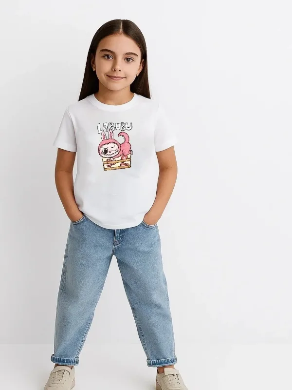 Dívčí bílé oversize dětské tričko s potiskem Labubu 2