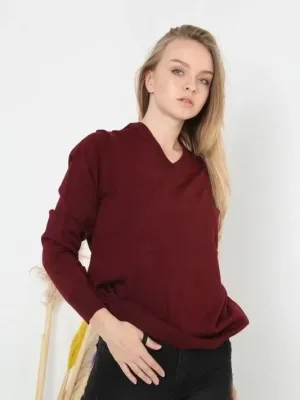 Women Burgundy V-Neck Long Sleeve Plain Knit Sweater