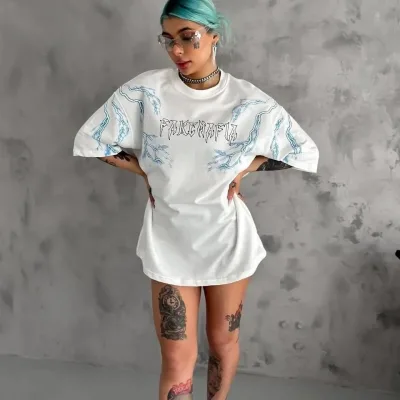 Femeie Tricou Alb Oversize Guler Bicicleta Imprimat Fulger 2