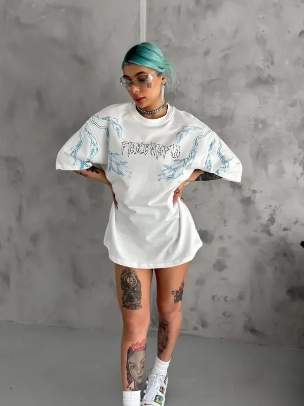 Femeie Tricou Alb Oversize Guler Bicicleta Imprimat Fulger 2
