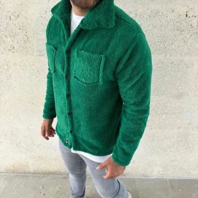 Barbat Verde Camasa Guler Butonat Pufos Polar Haină 2