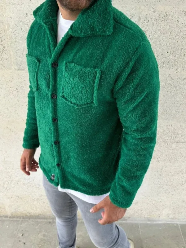 Barbat Verde Camasa Guler Butonat Pufos Polar Haină 2