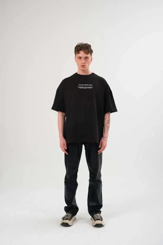 Women's Black Oversize Crew Neck Printed T-Shirt 1