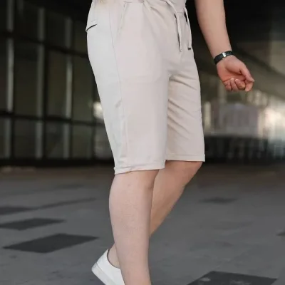 Erkek Krem Diagonel Kumaş Duble Paça Bağcıklı Lastik Bel Şort 2