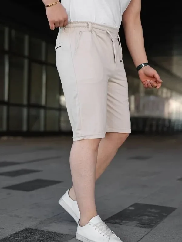Erkek Krem Diagonel Kumaş Duble Paça Bağcıklı Lastik Bel Şort 2