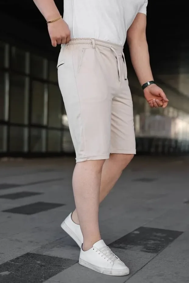 Pánske krémové diagonálne tkané šortky s dvojitým lemom, šnúrkami a gumou v páse 2