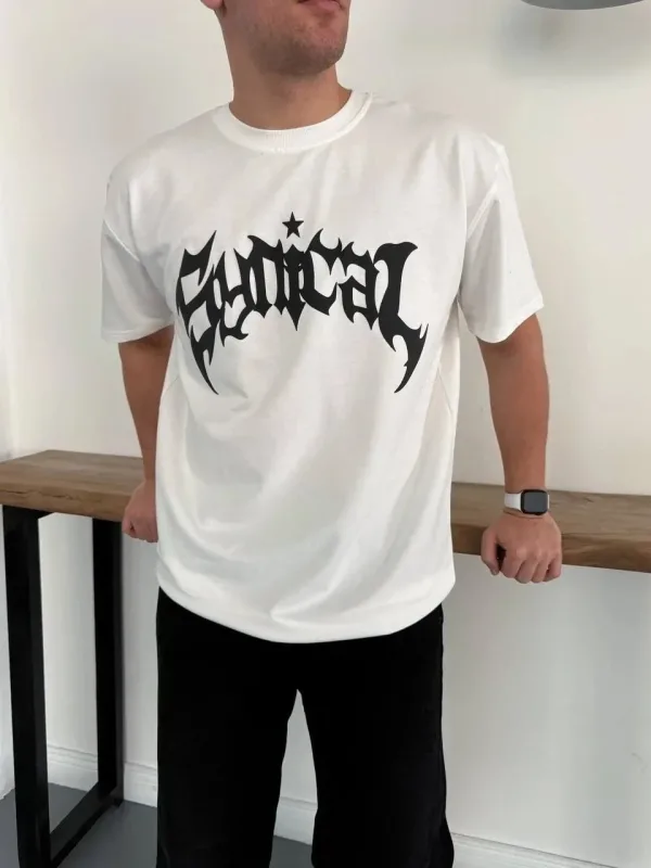 Машки бел Oversize велосипед јака печатен маица 2