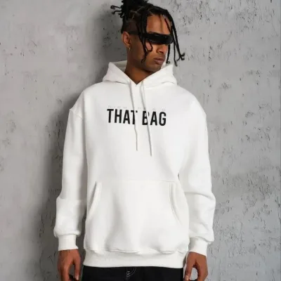 Pánské bílé oversized 3-nitní bavlněné kapucové potištěné mikiny s kapsou 1