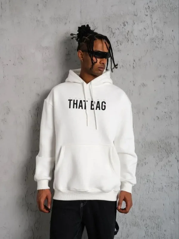 Pánské bílé oversized 3-nitní bavlněné kapucové potištěné mikiny s kapsou 1