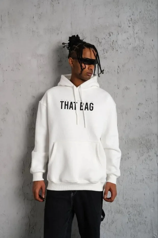Férfi fehér oversized 3 szálas pamut kapucnis nyomott zsebes sweatshirt 1