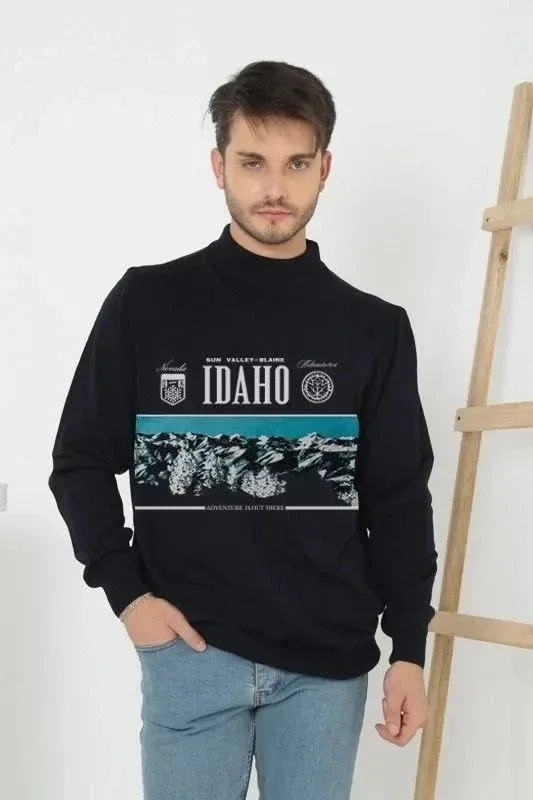 Muški crni polu-riblji ovratnik s printom triko džemper 1