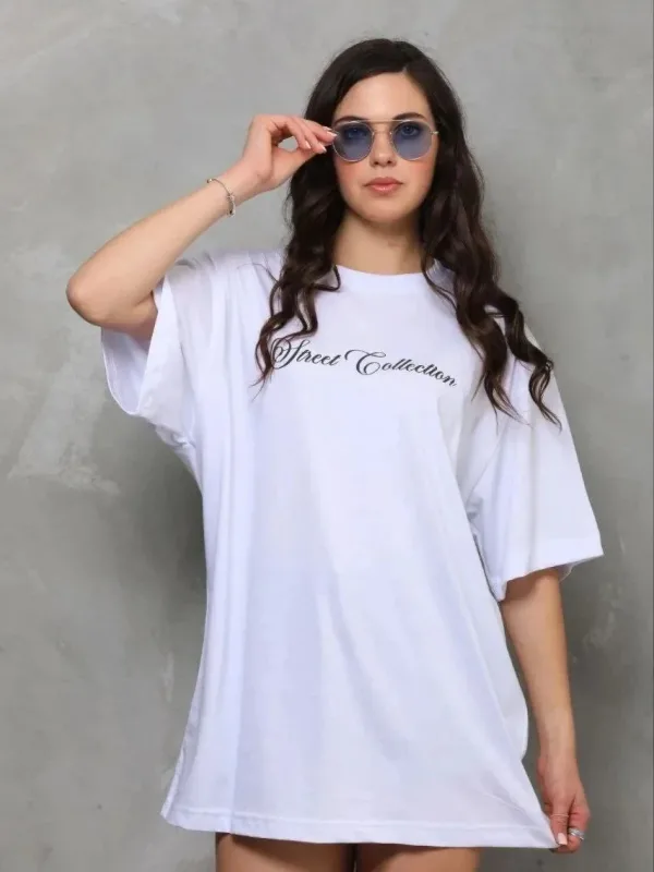 Ženska bijela oversize bicikli vrat printana ljetna majica 1