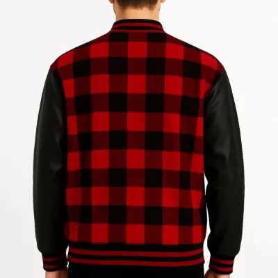 Geacă din Piele Sintetică Visiniu cu Model Caro, Guler Lumberjack, Fermoar și Captuseală 2