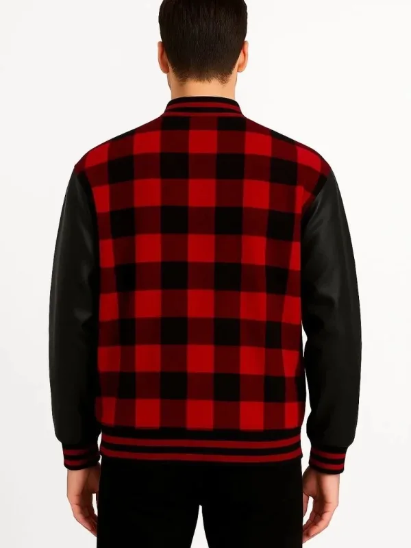 Geacă din Piele Sintetică Visiniu cu Model Caro, Guler Lumberjack, Fermoar și Captuseală 2