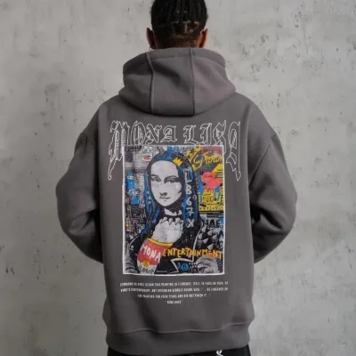 Pánské šedé oversized 3-nitní bavlněné kapucové potištěné mikiny 5