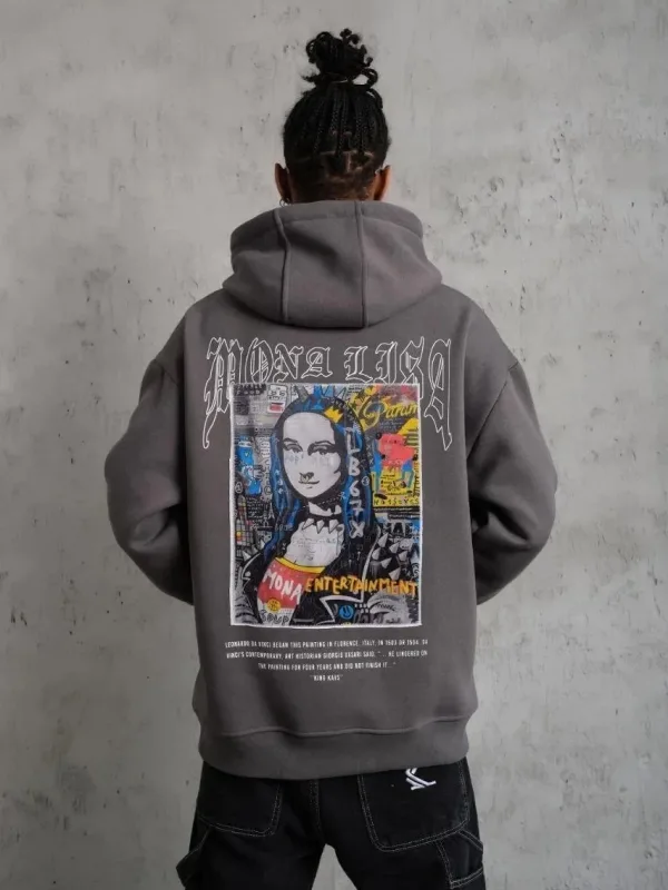 Pánské šedé oversized 3-nitní bavlněné kapucové potištěné mikiny 5