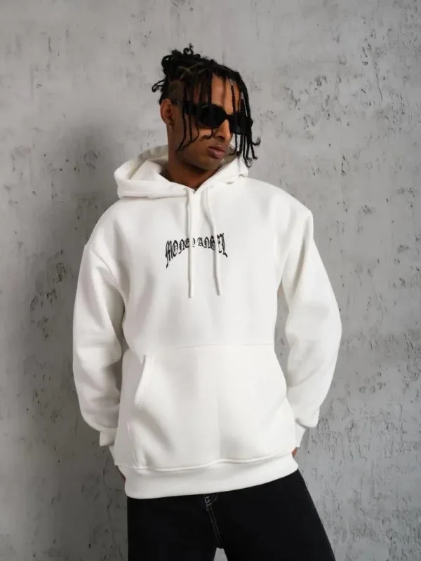 Muški bijeli 3-nitni pamučni hoodie s printom i džepovima