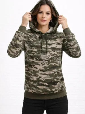Kadın Kamuflaj 2 İplik Kapüşonlu Kanguru Cepli Sweatshirt