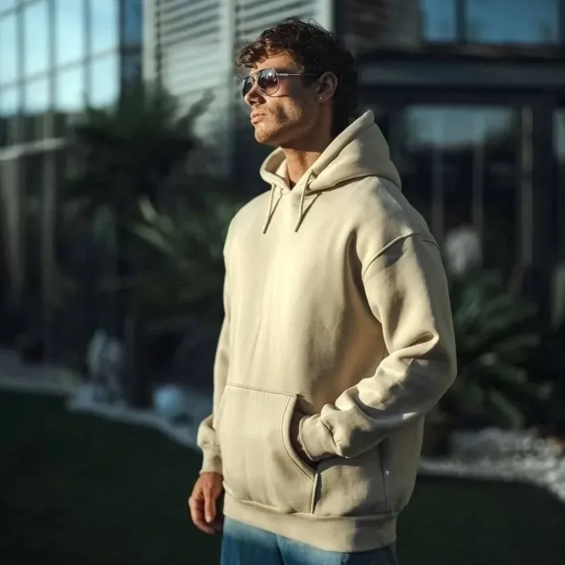 Γυναικείο Μπεζ Oversize 3-κλωνο Βαμβακερό Φούτερ με Τσέπη Κάγκουρο και Κουκούλα