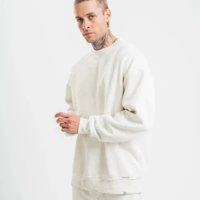 Men's White 3-Thread Cotton Washed Crew Neck Sweatshirt 5